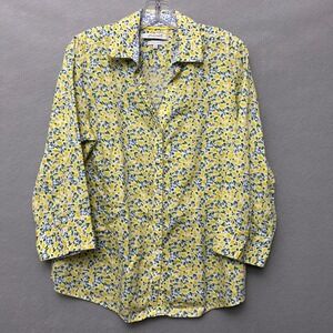 Foxcroft Button Down Shirt Womens Top 12 Yellow Floral Wrinkle Free 3/4 Sleeve